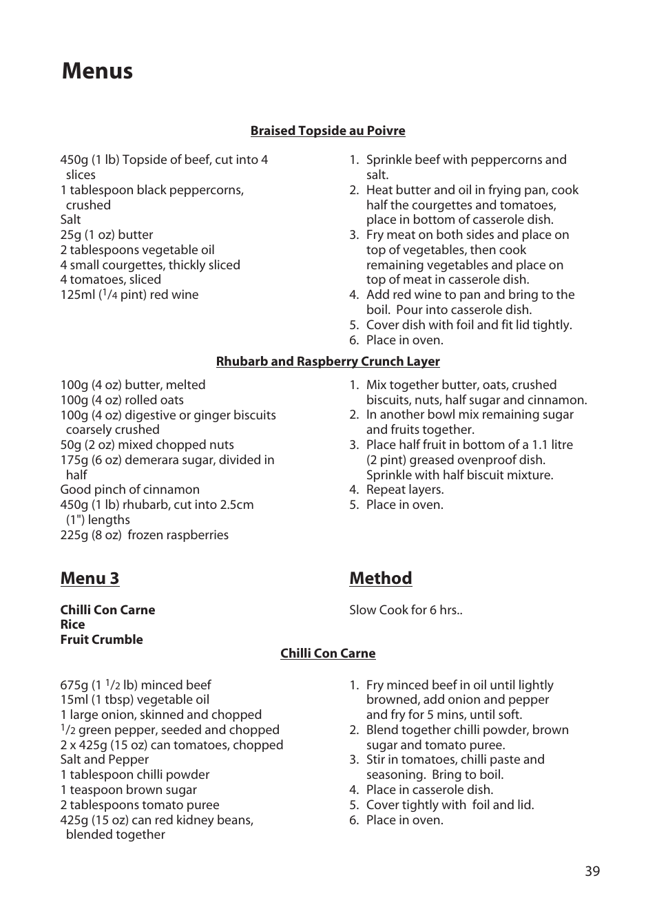 Menus, Menu 3, Method | Hotpoint BD62 User Manual | Page 39 / 52