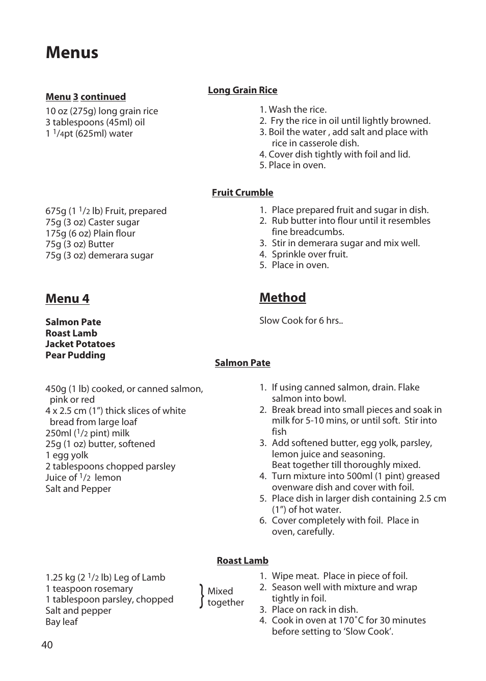 Menus, Menu 4, Method | Hotpoint BD62 User Manual | Page 40 / 52