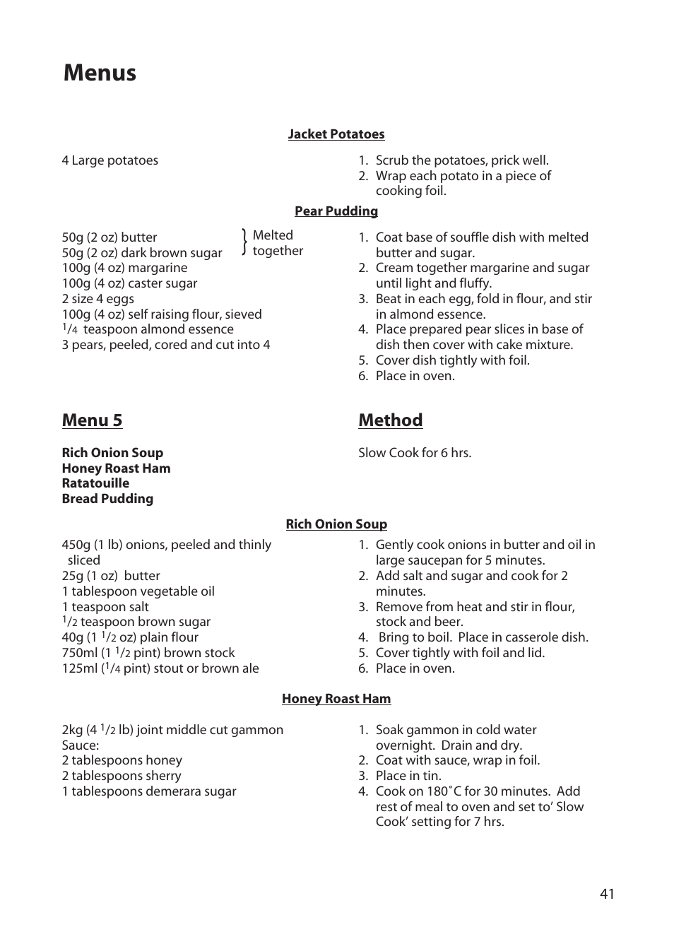 Menus, Menu 5, Method | Hotpoint BD62 User Manual | Page 41 / 52