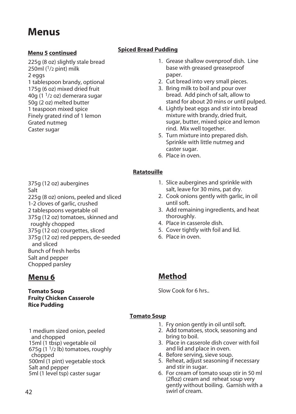 Menus, Menu 6, Method | Hotpoint BD62 User Manual | Page 42 / 52