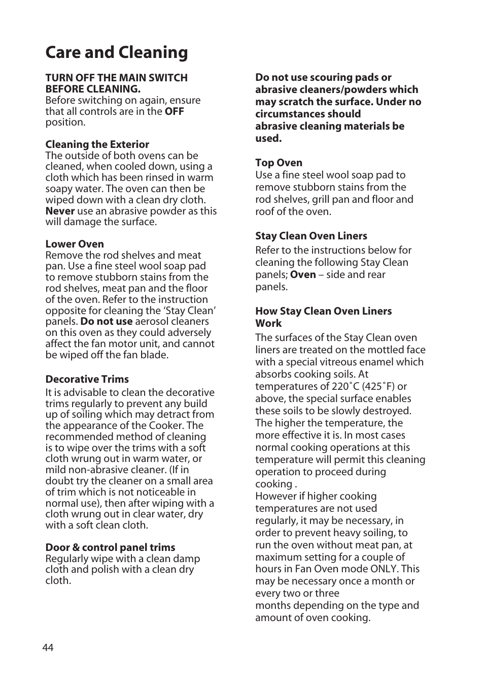 Care and cleaning | Hotpoint BD62 User Manual | Page 44 / 52