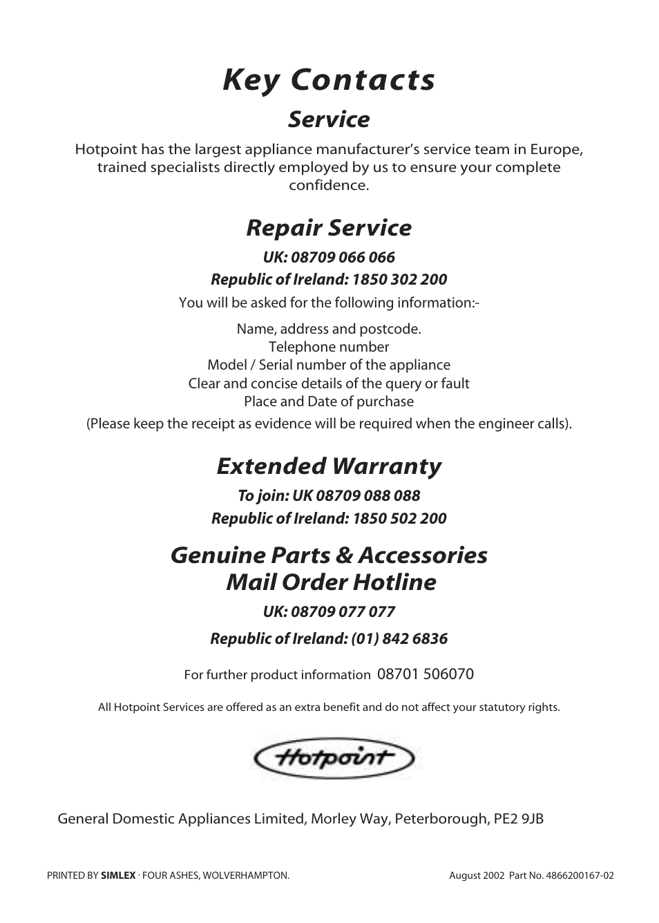 Key contacts, Service, Repair service | Extended warranty, Genuine parts & accessories mail order hotline | Hotpoint BD62 User Manual | Page 52 / 52