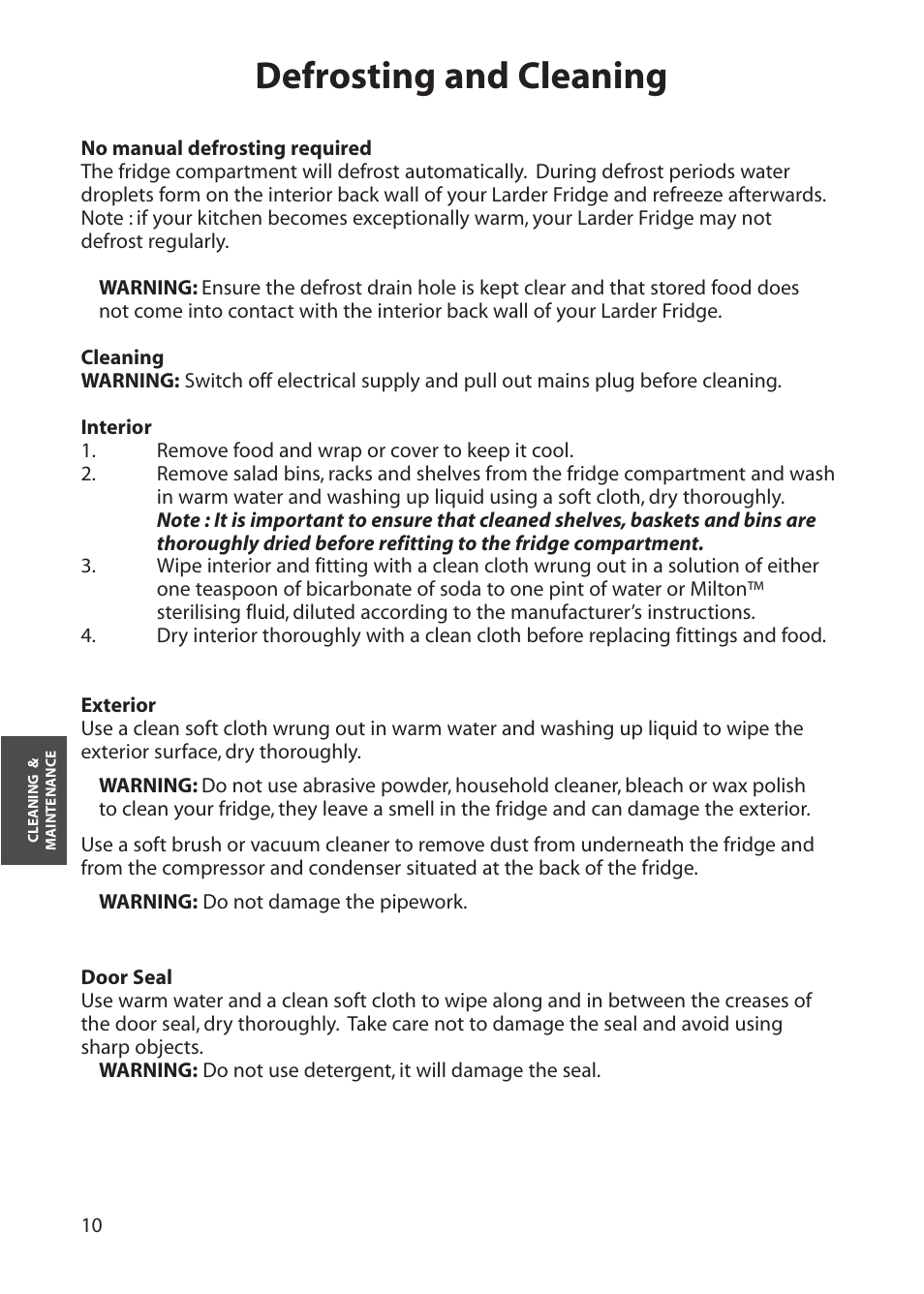 Defrosting and cleaning | Hotpoint RLM30 User Manual | Page 10 / 16