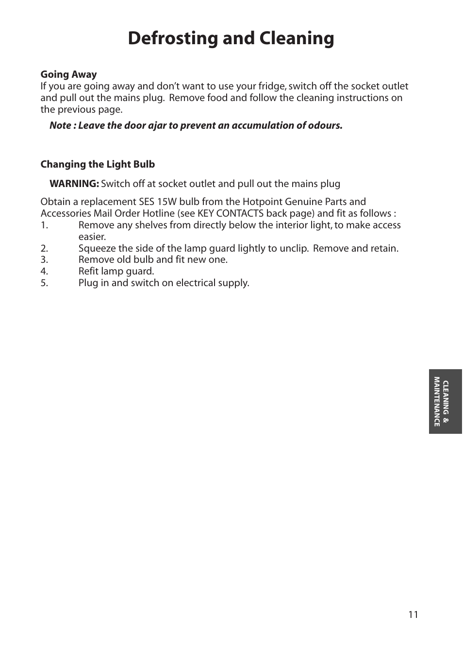 Defrosting and cleaning | Hotpoint RLM30 User Manual | Page 11 / 16