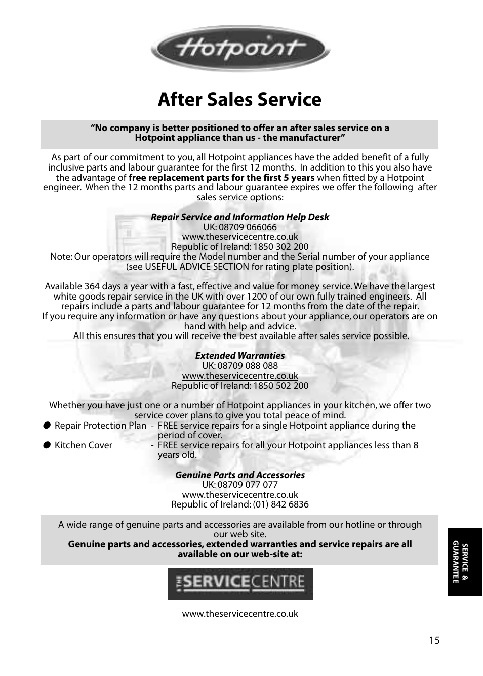 After sales service | Hotpoint RLM30 User Manual | Page 15 / 16