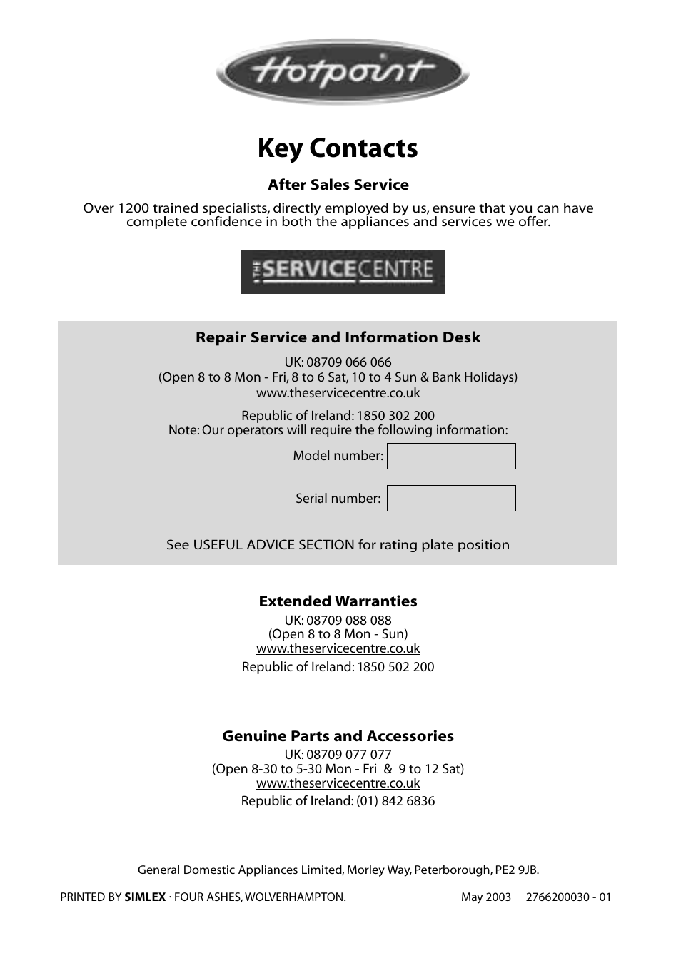 Key contacts | Hotpoint RLM30 User Manual | Page 16 / 16