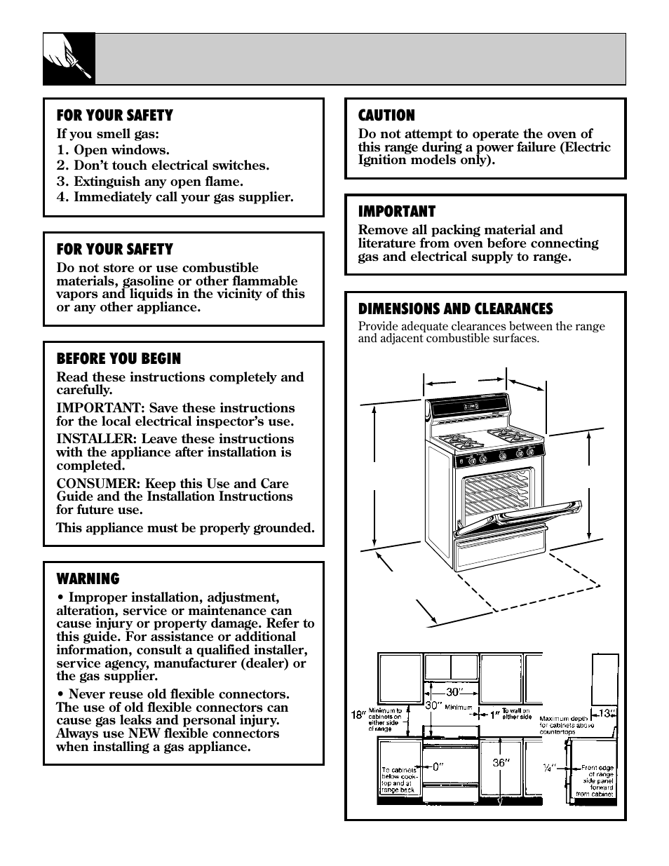 Installation instructions, 34 installation instructions, For your safety | Caution, Important, Before you begin, Dimensions and clearances, Warning | Hotpoint RGB744 User Manual | Page 34 / 56