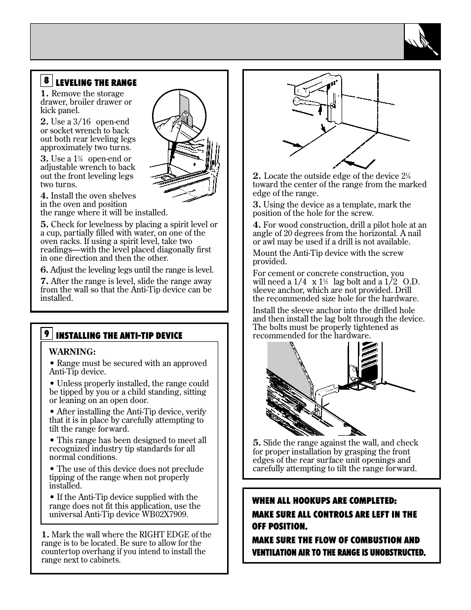 Leveling, 9leveling the range | Hotpoint RGB744 User Manual | Page 43 / 56
