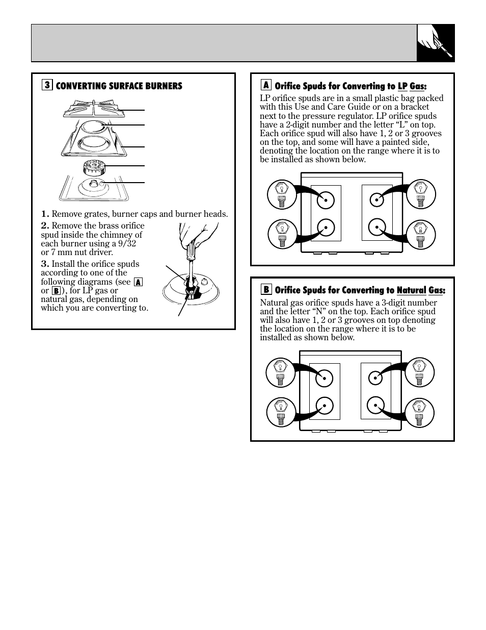 Converting to lp gas, Sealed burner models only), Orifice spuds for converting to lp gas | Aorifice spuds for converting to natural gas, Bconverting surface burners | Hotpoint RGB744 User Manual | Page 45 / 56