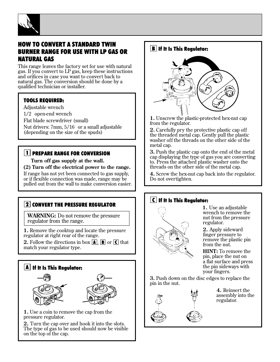 Converting to lp gas, Standard twin burner models only) | Hotpoint RGB744 User Manual | Page 48 / 56