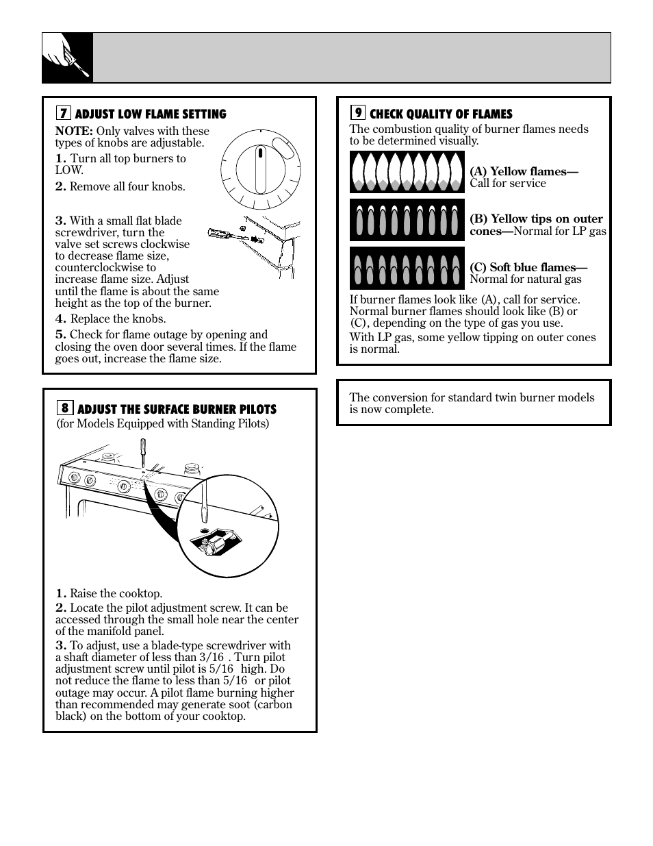 Converting to lp gas, Standard twin burner models only) | Hotpoint RGB744 User Manual | Page 50 / 56