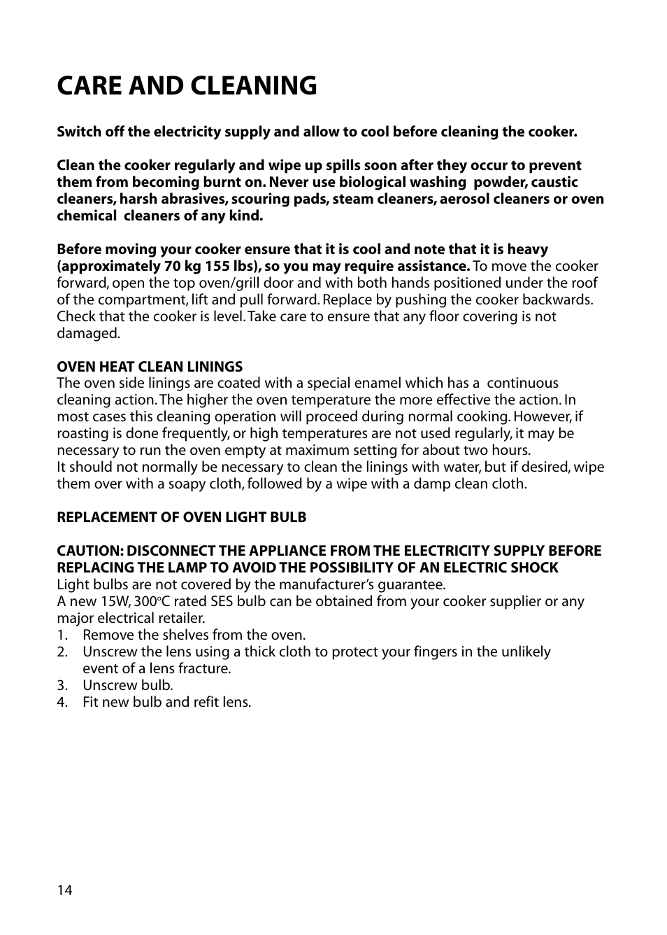 Care and cleaning | Hotpoint EG52 User Manual | Page 14 / 28