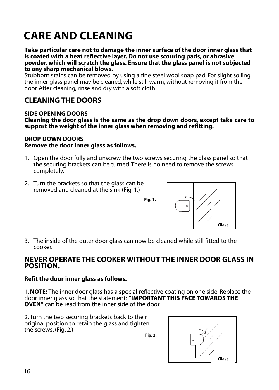 Care and cleaning, Cleaning the doors | Hotpoint EG52 User Manual | Page 16 / 28