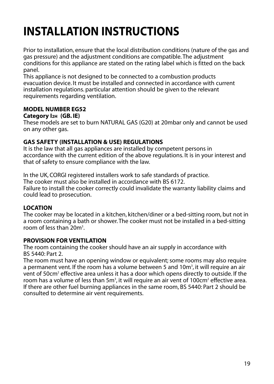 Installation instructions | Hotpoint EG52 User Manual | Page 19 / 28
