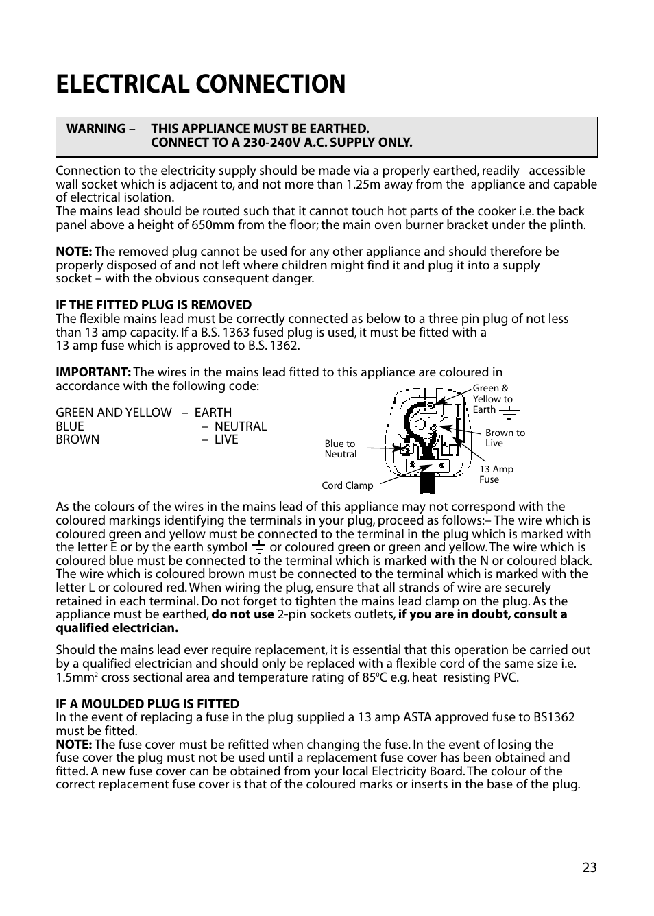 Electrical connection | Hotpoint EG52 User Manual | Page 23 / 28