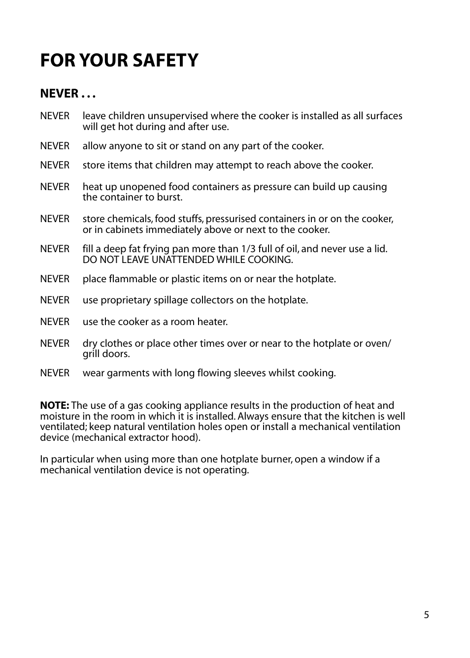 For your safety, Never | Hotpoint EG52 User Manual | Page 5 / 28