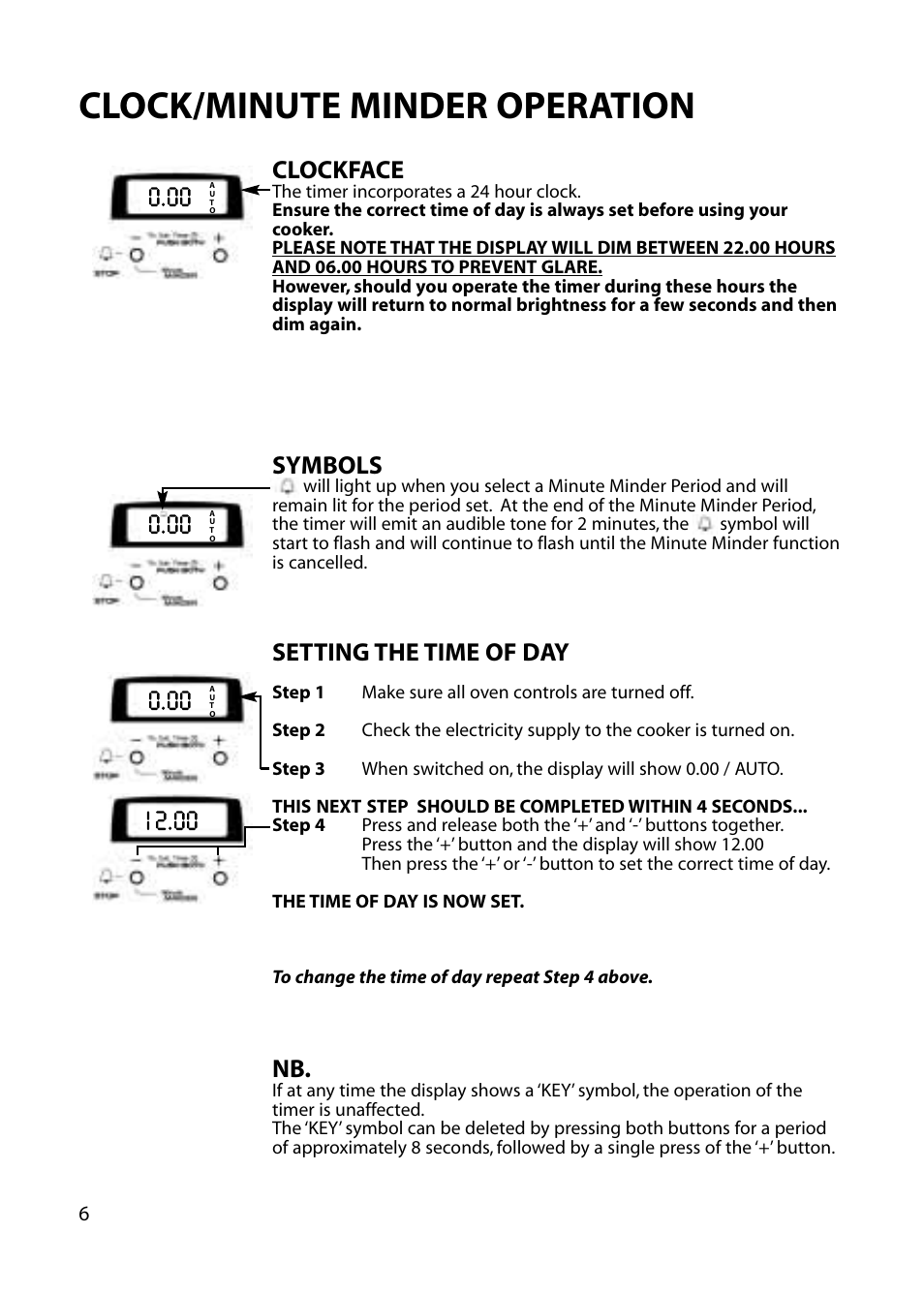 Clock/minute minder operation, Clockface, Symbols | Setting the time of day | Hotpoint EG52 User Manual | Page 6 / 28