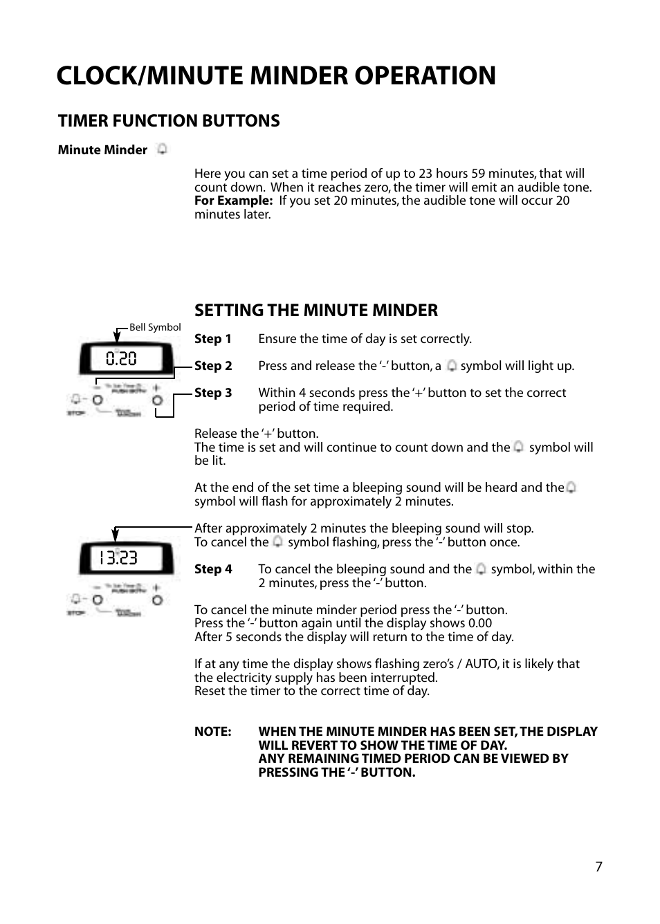 Clock/minute minder operation, Timer function buttons, Setting the minute minder | Hotpoint EG52 User Manual | Page 7 / 28
