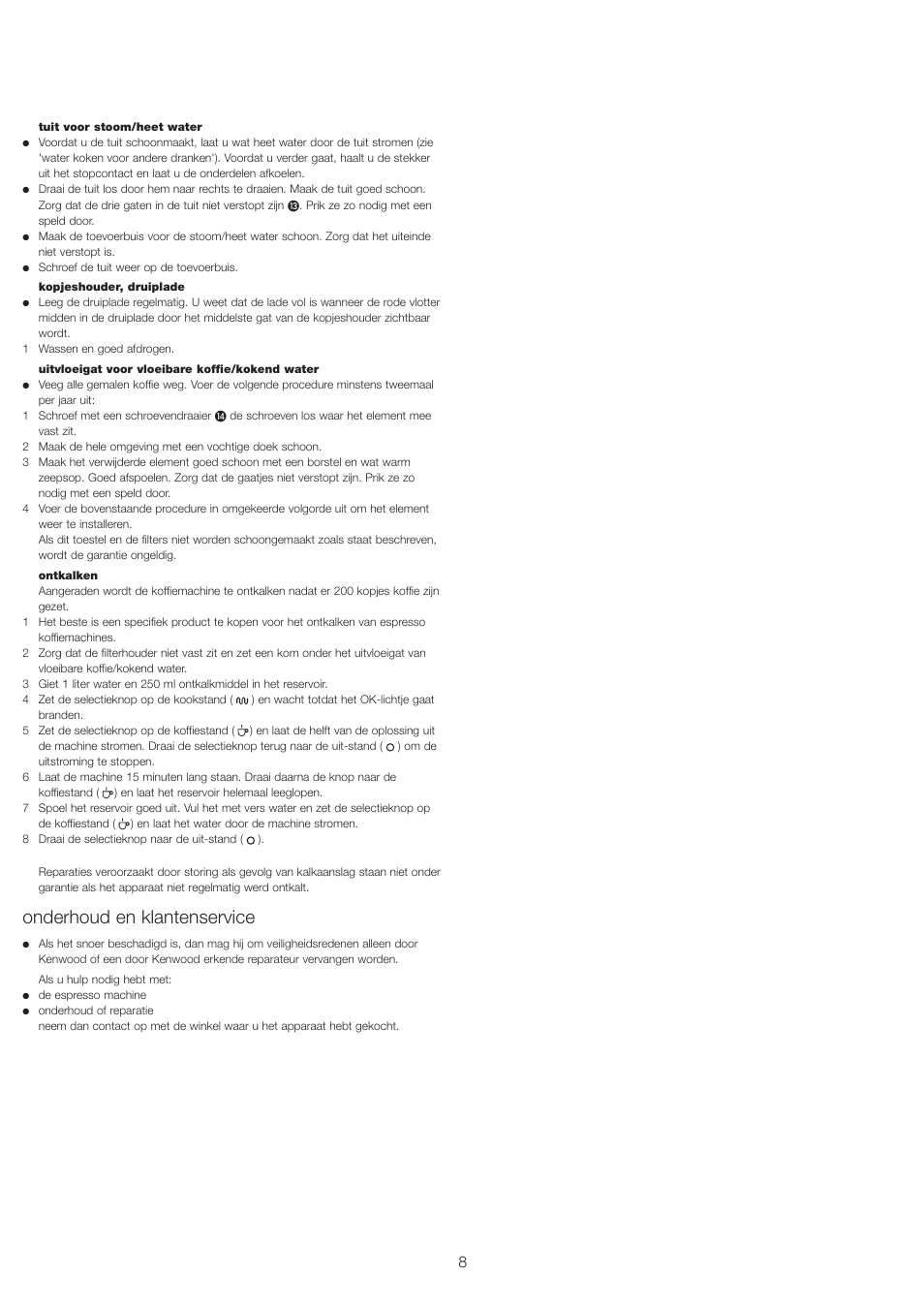 Onderhoud en klantenservice | Kenwood ES430 series User Manual | Page 11 / 76