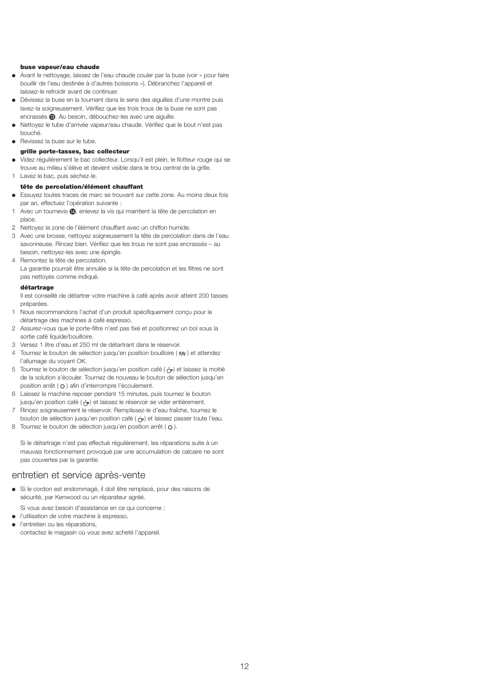 Entretien et service après-vente | Kenwood ES430 series User Manual | Page 15 / 76
