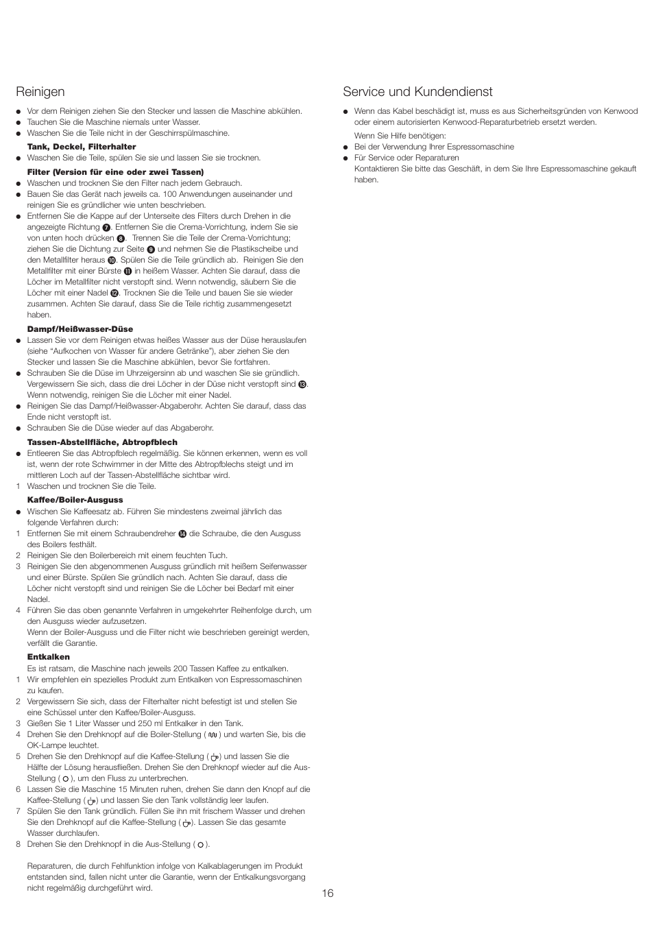 Reinigen, Service und kundendienst | Kenwood ES430 series User Manual | Page 19 / 76