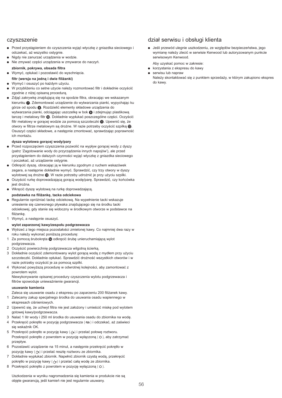 Czyszszenie, Dział serwisu i obsługi klienta | Kenwood ES430 series User Manual | Page 59 / 76