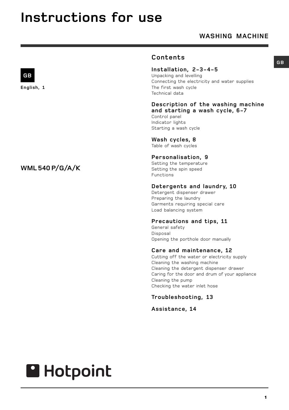 Hotpoint WML 540 P/G/A/K User Manual | 16 pages