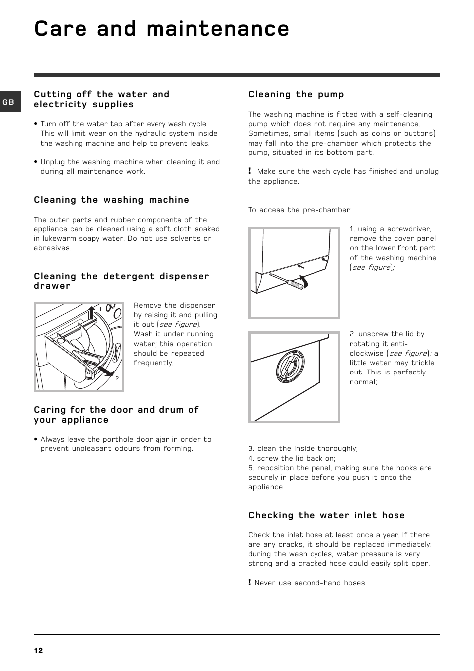 Care and maintenance | Hotpoint WML 540 P/G/A/K User Manual | Page 12 / 16