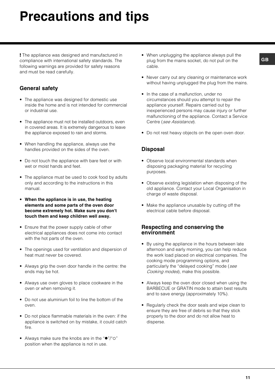 Precautions and tips, General safety, Disposal | Respecting and conserving the environment | Hotpoint SE87PX User Manual | Page 11 / 16