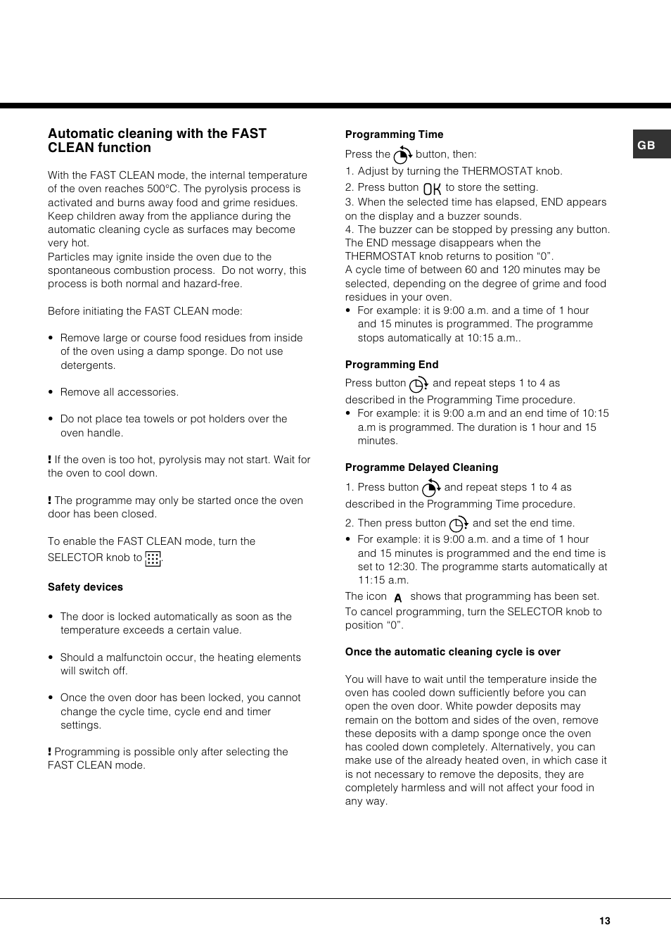 Automatic cleaning with the fast clean function | Hotpoint SE87PX User Manual | Page 13 / 16