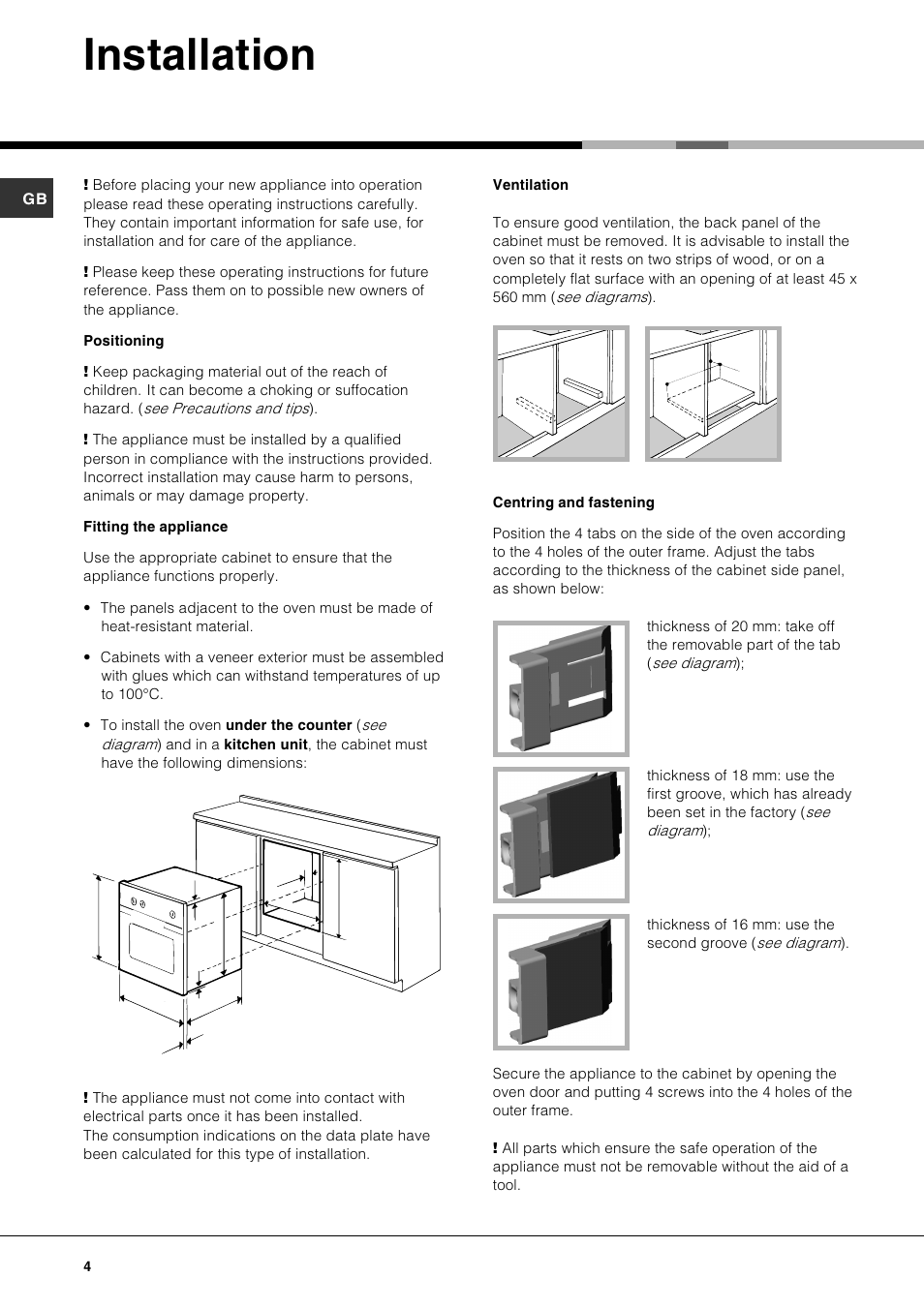 Installation | Hotpoint SE87PX User Manual | Page 4 / 16