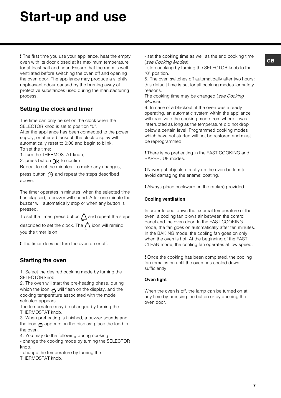 Start-up and use, Setting the clock and timer, Starting the oven | Hotpoint SE87PX User Manual | Page 7 / 16