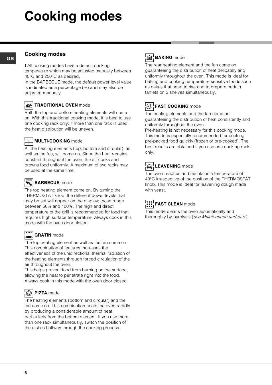 Cooking modes | Hotpoint SE87PX User Manual | Page 8 / 16