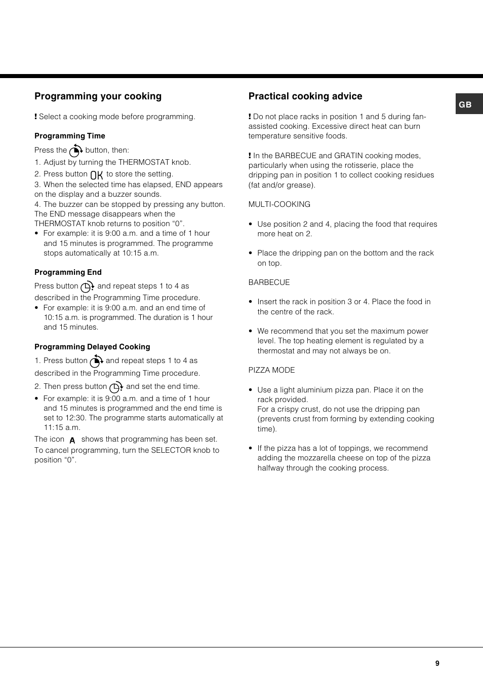 Programming your cooking, Practical cooking advice | Hotpoint SE87PX User Manual | Page 9 / 16