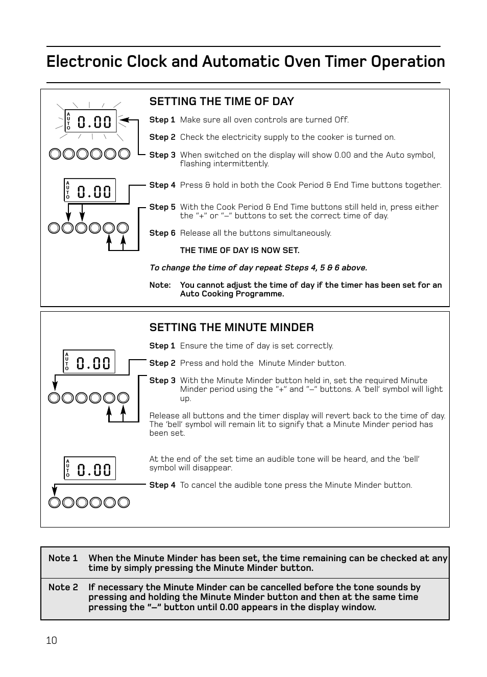 Setting the time of day, Setting the minute minder | Hotpoint S130E Mk2 User Manual | Page 10 / 36