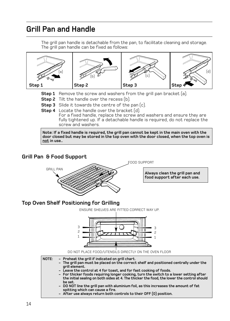 Grill pan and handle | Hotpoint S130E Mk2 User Manual | Page 14 / 36