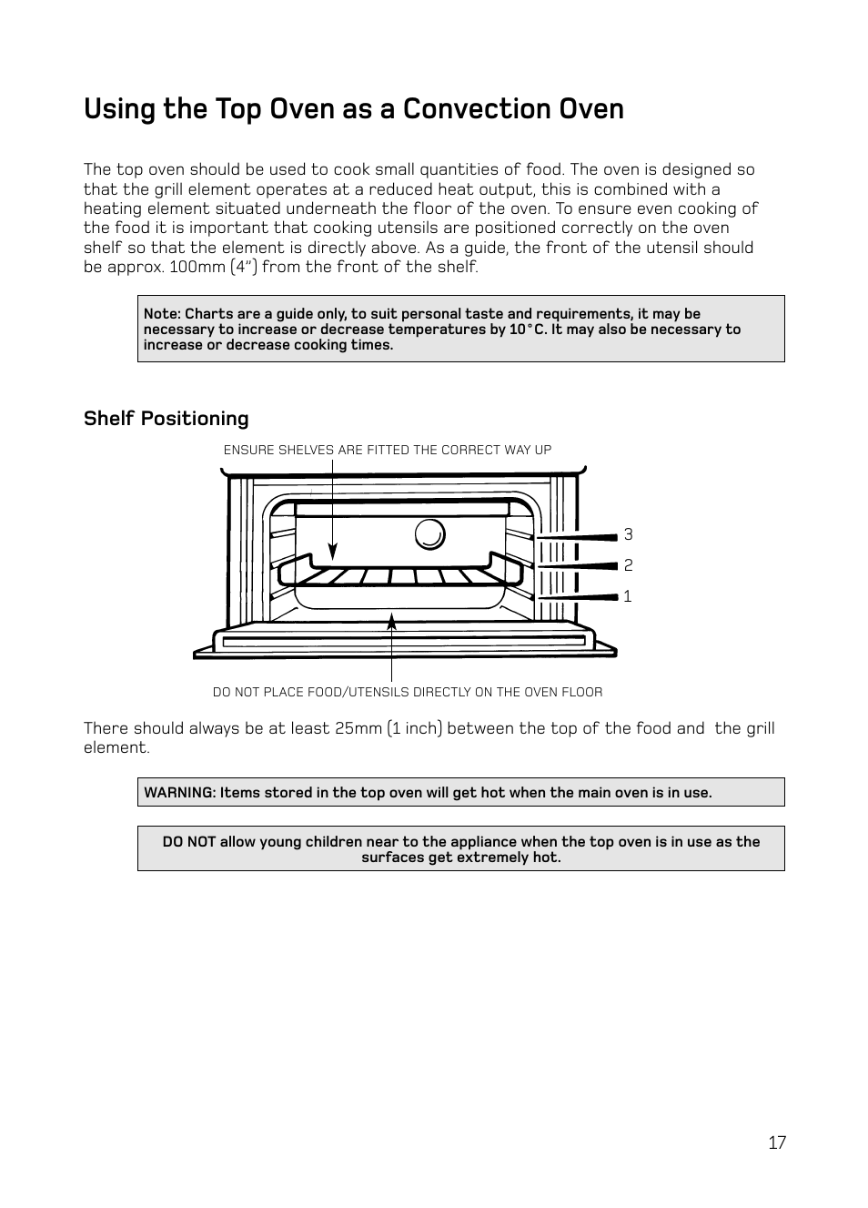 Using the top oven as a convection oven, Shelf positioning | Hotpoint S130E Mk2 User Manual | Page 17 / 36
