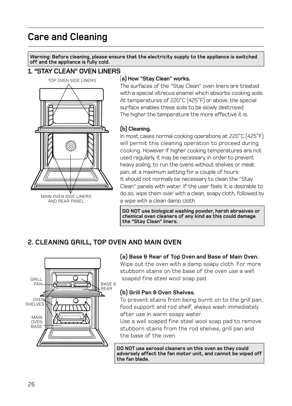 Care and cleaning, “stay clean” oven liners, Cleaning grill, top oven and main oven | Hotpoint S130E Mk2 User Manual | Page 26 / 36