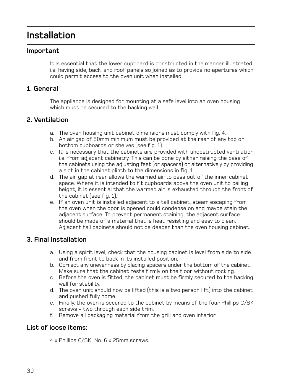 Installation | Hotpoint S130E Mk2 User Manual | Page 30 / 36