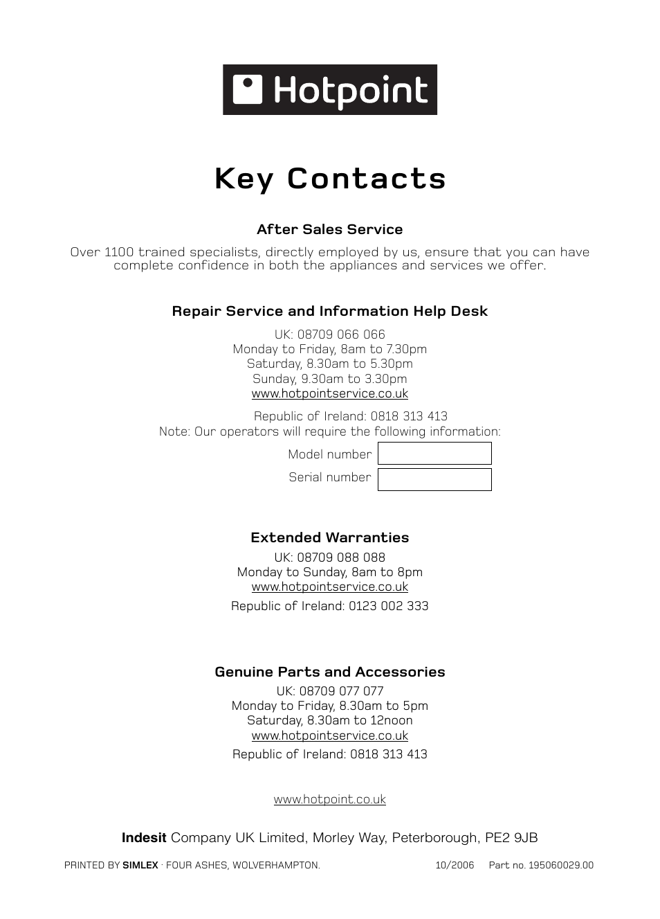Key contacts | Hotpoint S130E Mk2 User Manual | Page 36 / 36