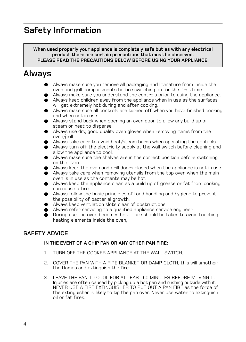 Always, Safety information | Hotpoint S130E Mk2 User Manual | Page 4 / 36