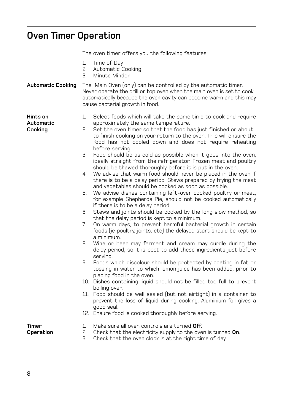 Oven timer operation | Hotpoint S130E Mk2 User Manual | Page 8 / 36