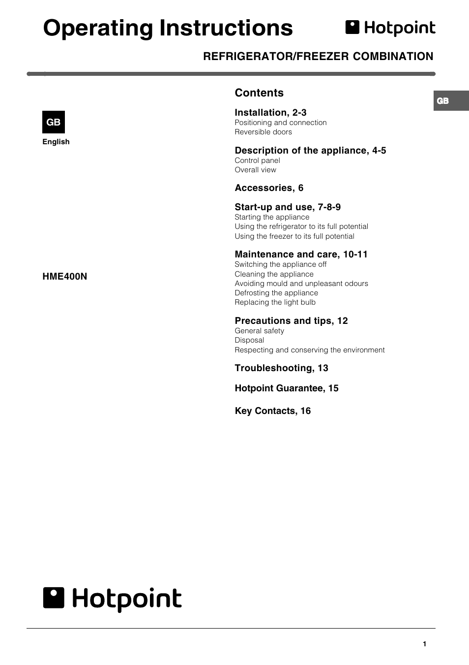 Hotpoint HME400N User Manual | 16 pages