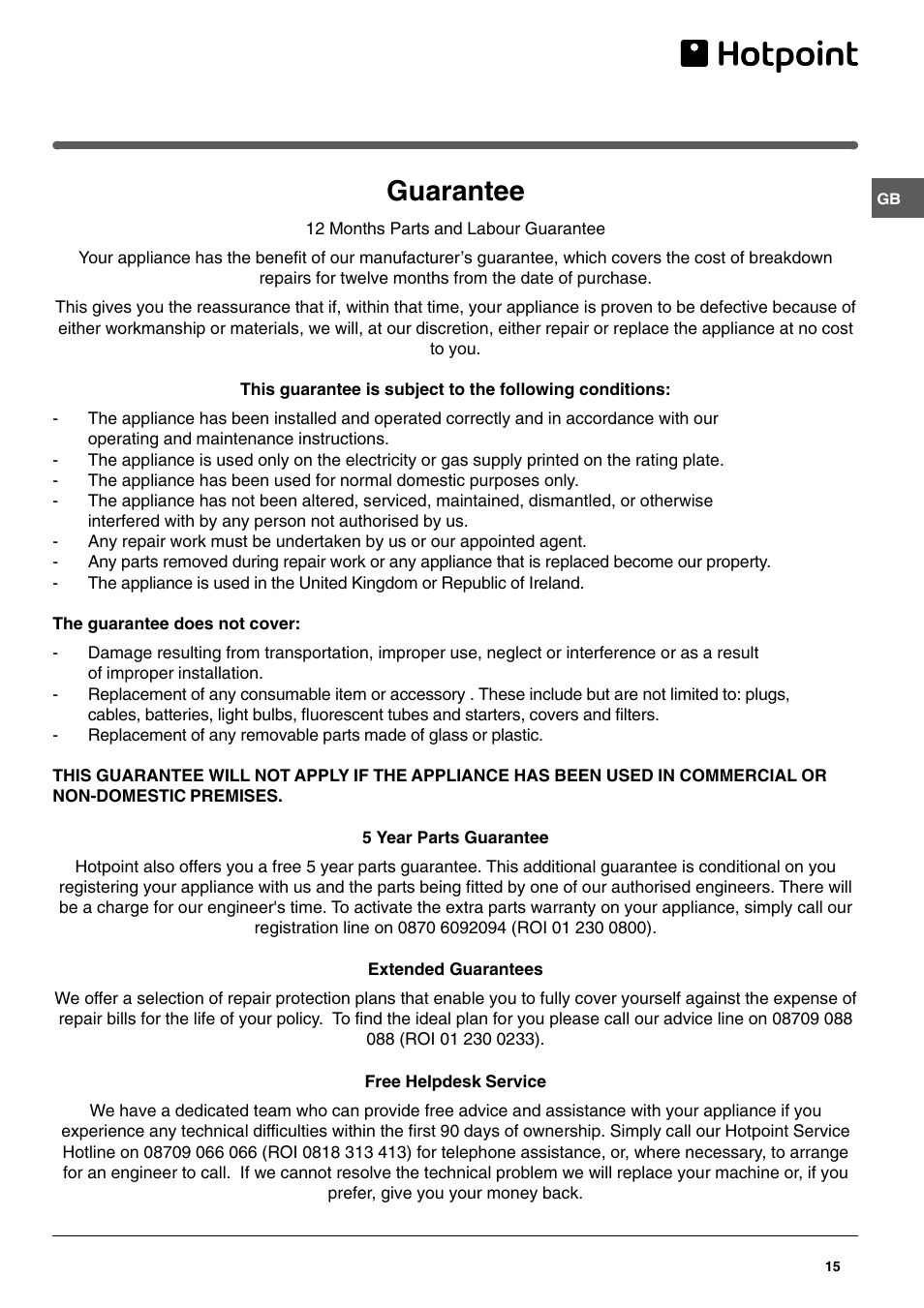Guarantee | Hotpoint HME400N User Manual | Page 15 / 16