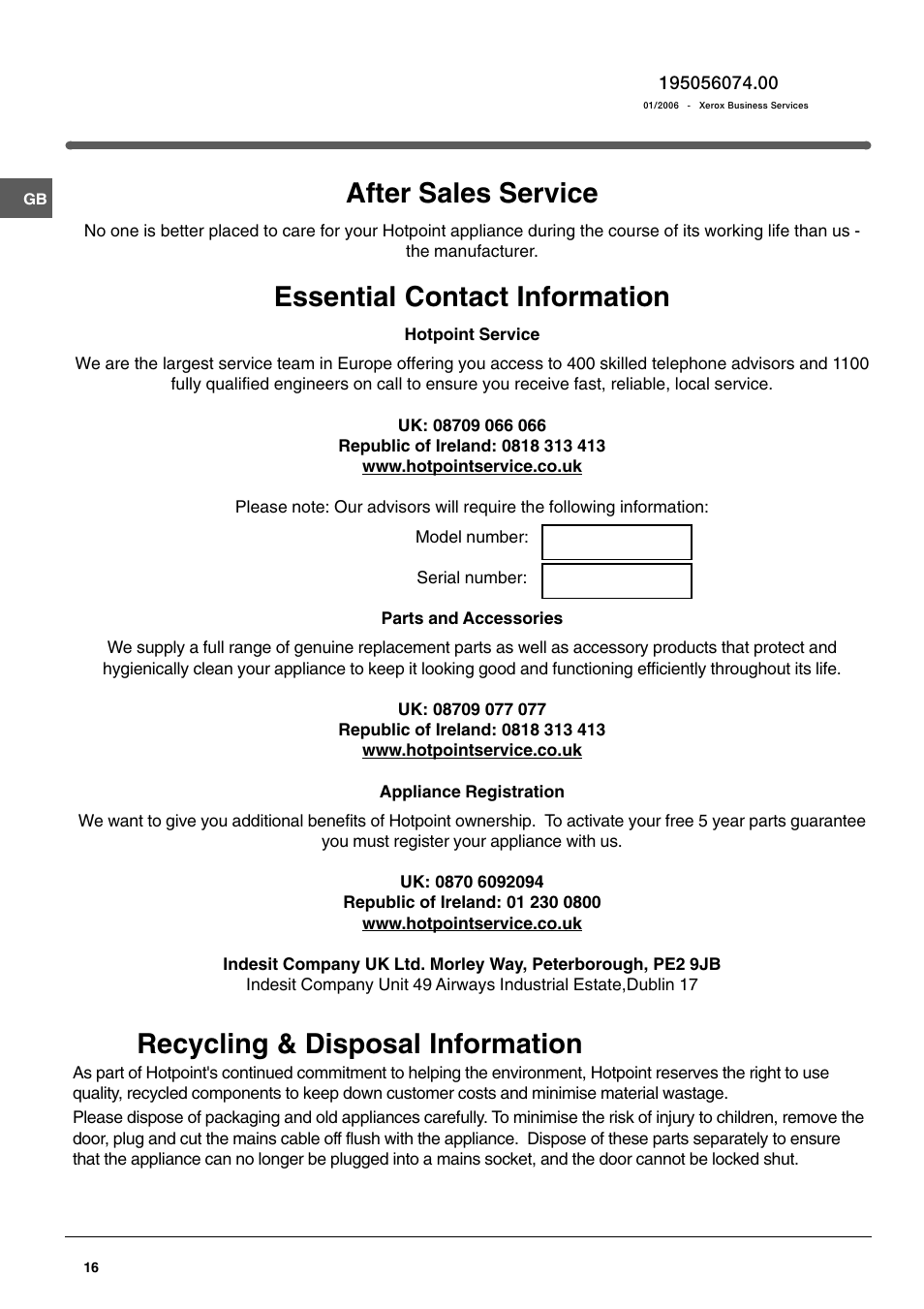 After sales service, Essential contact information, Recycling & disposal information | Hotpoint HME400N User Manual | Page 16 / 16