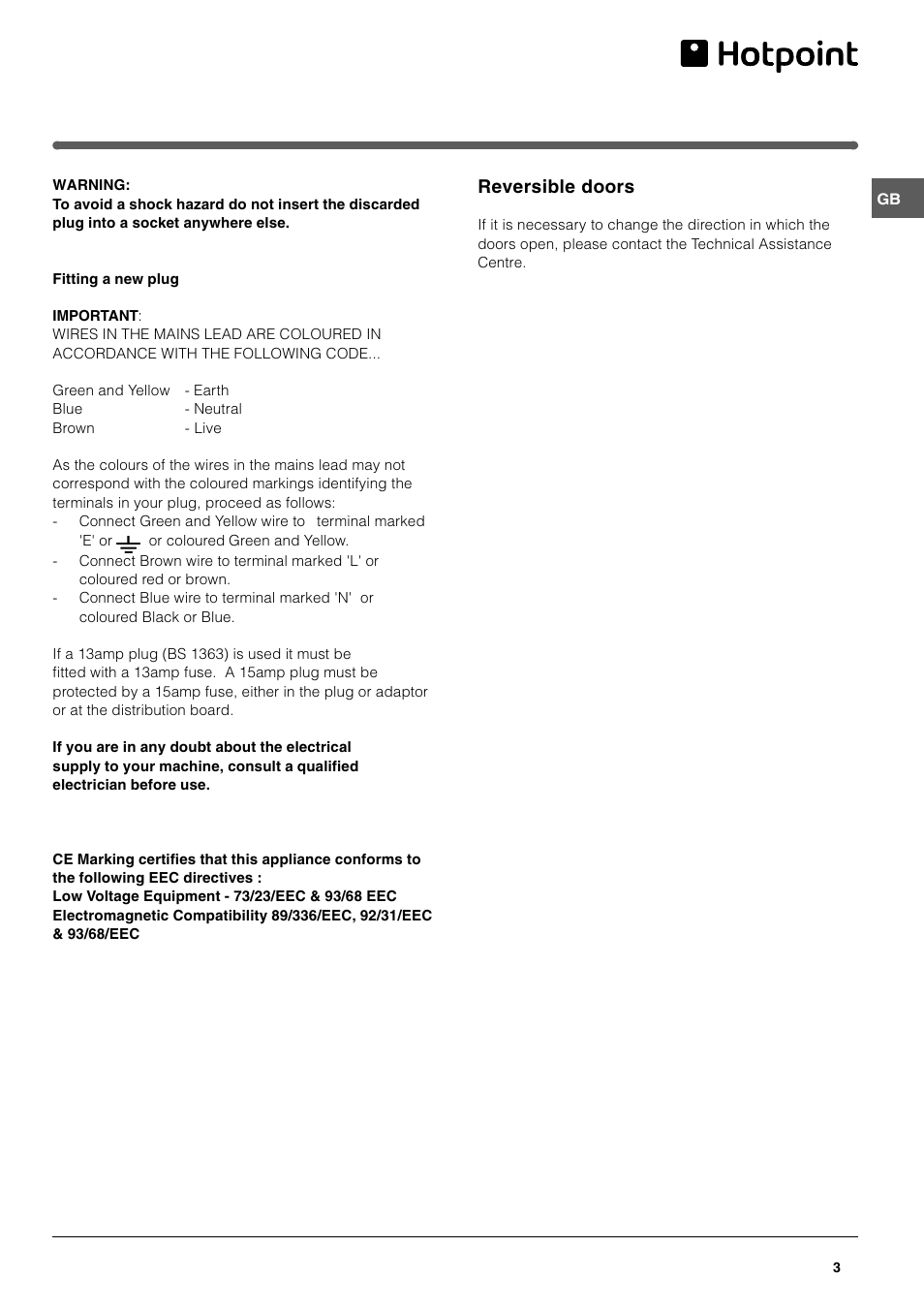 Reversible doors | Hotpoint HME400N User Manual | Page 3 / 16
