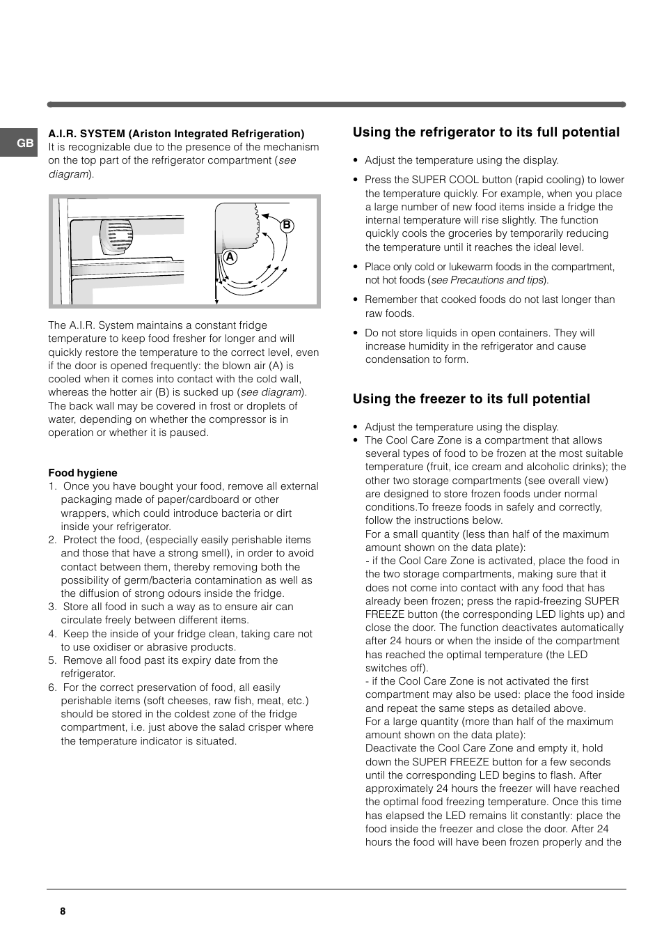 Using the refrigerator to its full potential, Using the freezer to its full potential | Hotpoint HME400N User Manual | Page 8 / 16