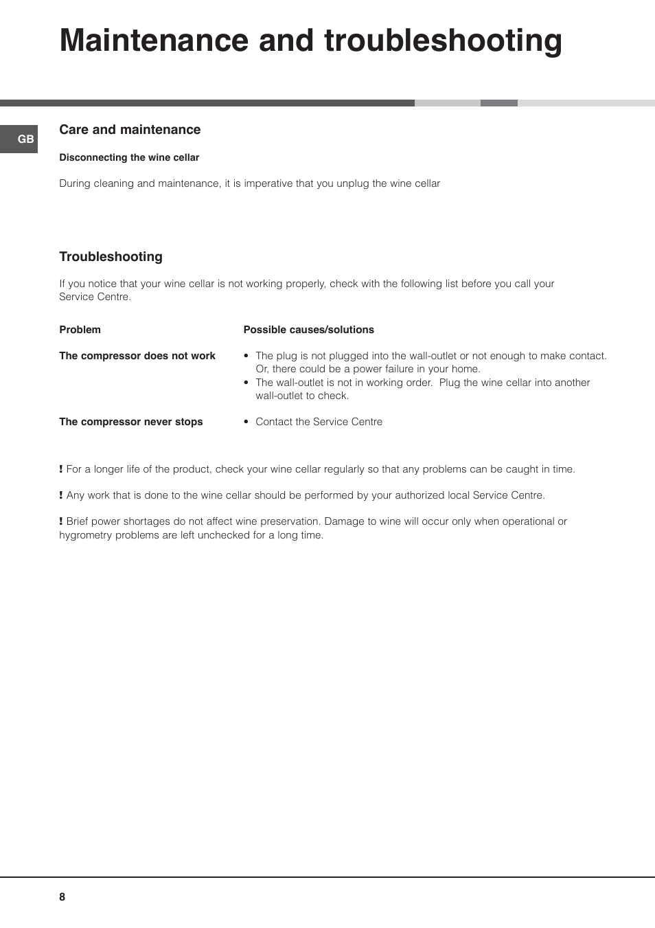 Maintenance and troubleshooting | Hotpoint WE26 User Manual | Page 8 / 8