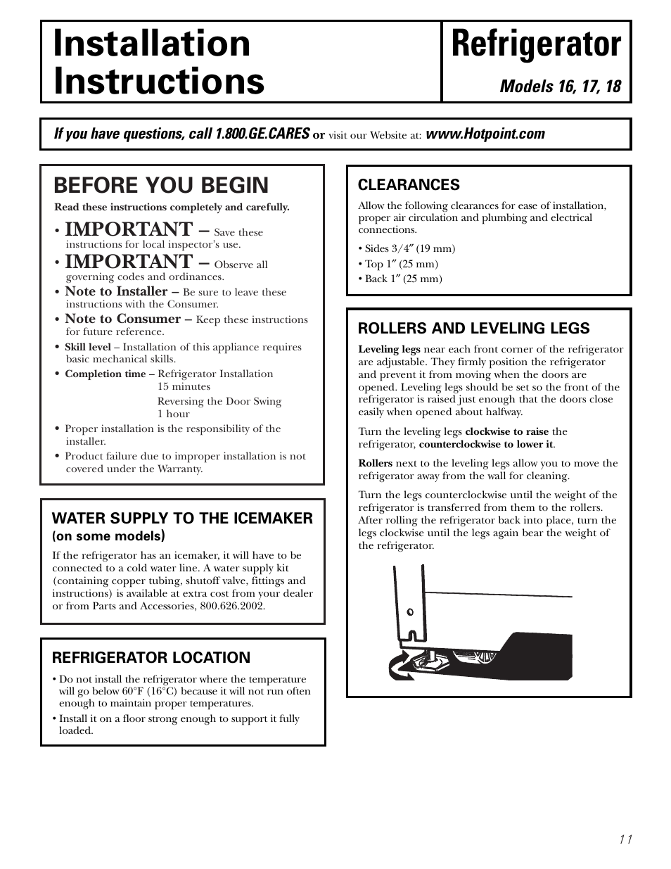 Preparing to install the refrigerator, Installation refrigerator instructions, Before you begin | Important | Hotpoint 16 User Manual | Page 11 / 32