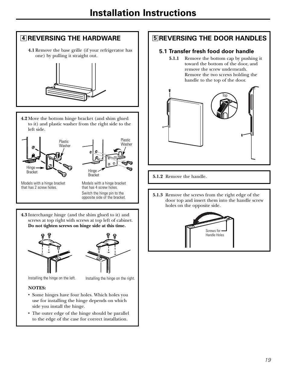 Installation instructions, Reversing the hardware, Reversing the door handles | Hotpoint 16 User Manual | Page 19 / 32